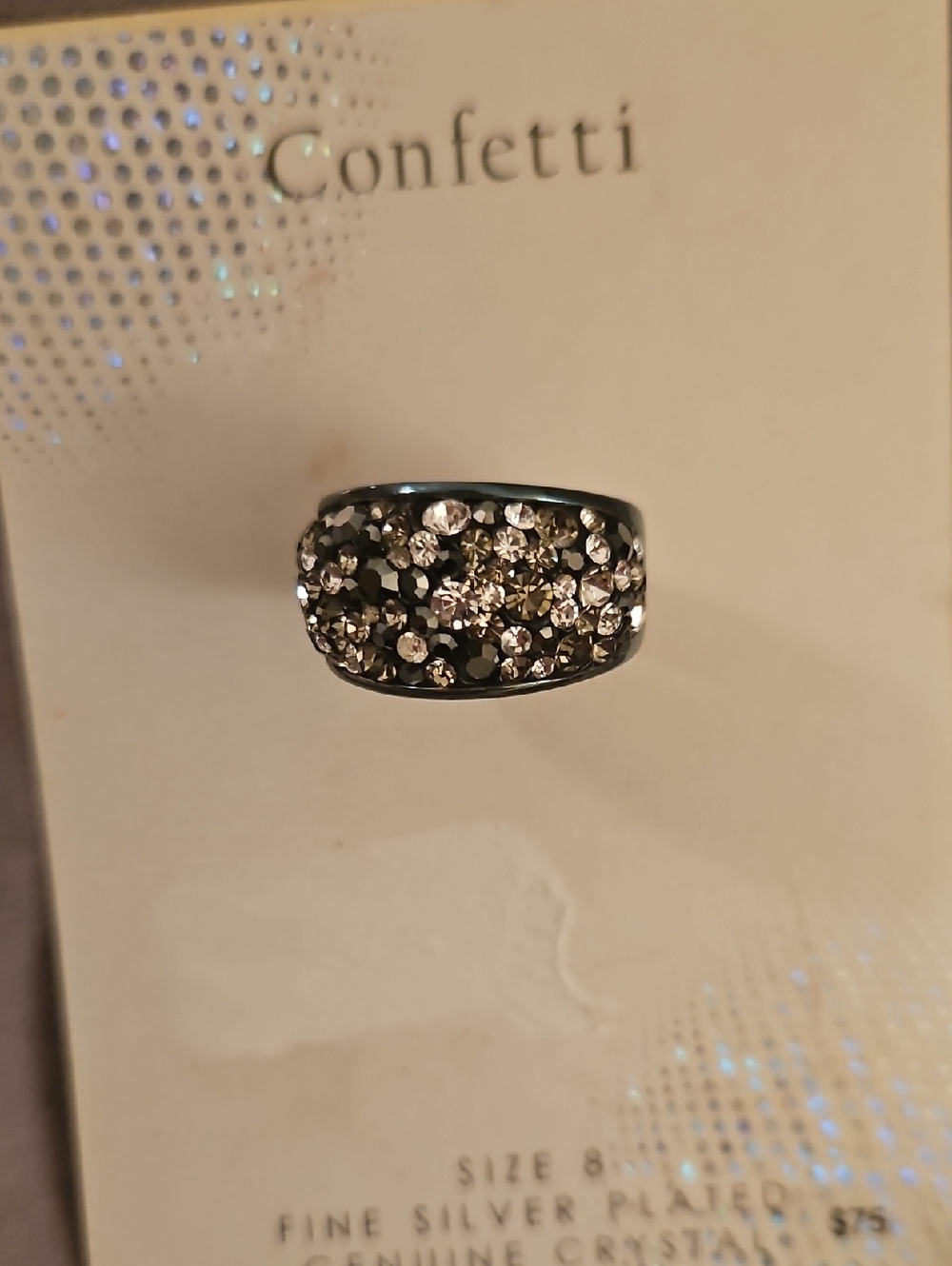NIB Silver Plated Crystal And Black Druzy Stones Ring Size 8